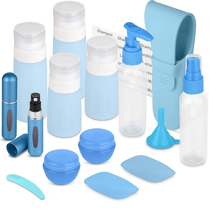 Travel Size Toiletry Bottles, Kit of 16 - TSA Approved Toiletries Essentials for Flying - Silicone Containers, Squeeze Bottles and Accessories for Shampoo, Conditioner, Liquids, Perfume, Blue