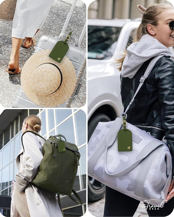 Luggage Tags for Suitcases,2 Pack PU Leather Privacy Protection Bag Tags Travel Accessories Essentials,Army Green