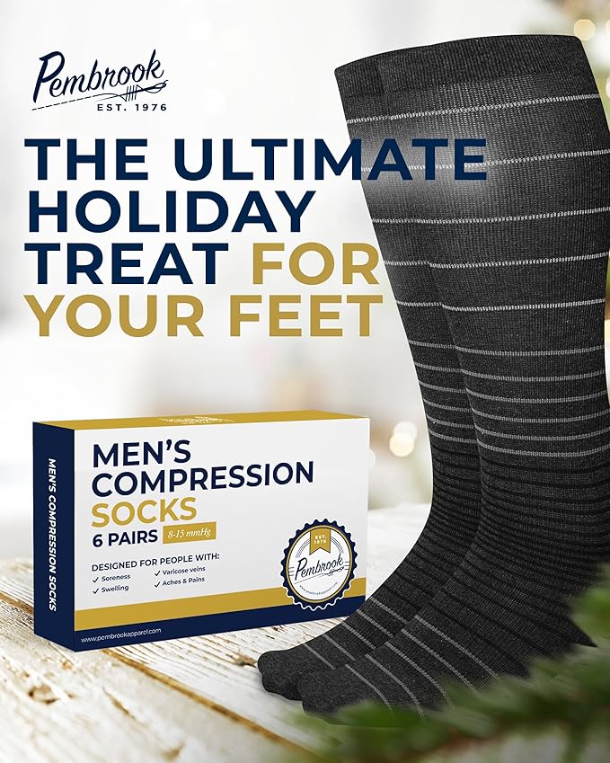 Pembrook Light Compression Socks for Men - 6 Pairs | 8-15 mmHg Graduated Compression Socks for Men 9-12 | Support Socks
