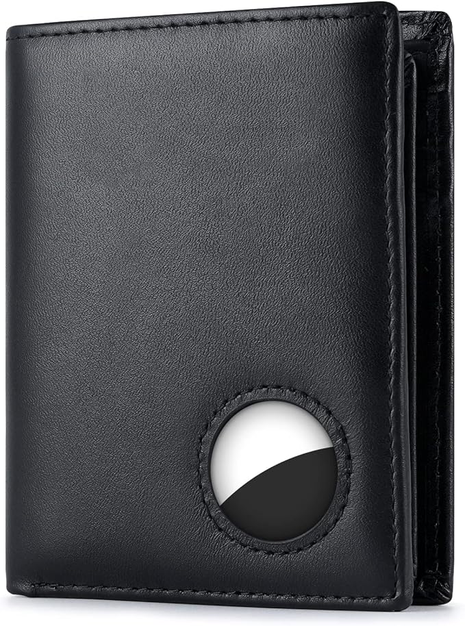 Swallowmall AirTag Wallet Mens RFID Blocking Genuine Leather Bifold Men's Wallet For air tag with 2 ID Window 11 Card Holders Vertical Black(Airtag Not included)
