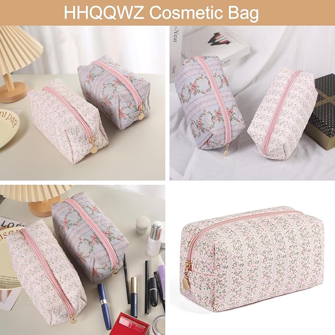 Makeup Bag Travel Cosmetic Bag for Women Girls, Zipper Make Up Pouch, Floral Flowers Toiletry Organizer Makeup, Portable Storage Bag, Cosmetic Travel Cloth Bag (Blue)