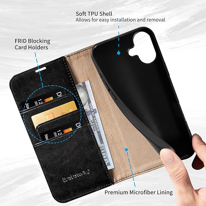 Belemay Leather Wallet Case Compatible with iPhone 17, Premium Cowhide Leather Two-Tone Effect, RFID Blocking Card Holders, Shockproof TPU Shell, Kickstand, Protective Flip Cover, 6.3", Black