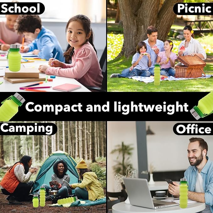 Collapsible Water Bottle (Yellow) - Reusable, BPA Free, Silicone, Foldable Portable & Leak Proof - Water Bottles for Travel Gym Camping Hiking - Sports Water Bottle with Carabiner