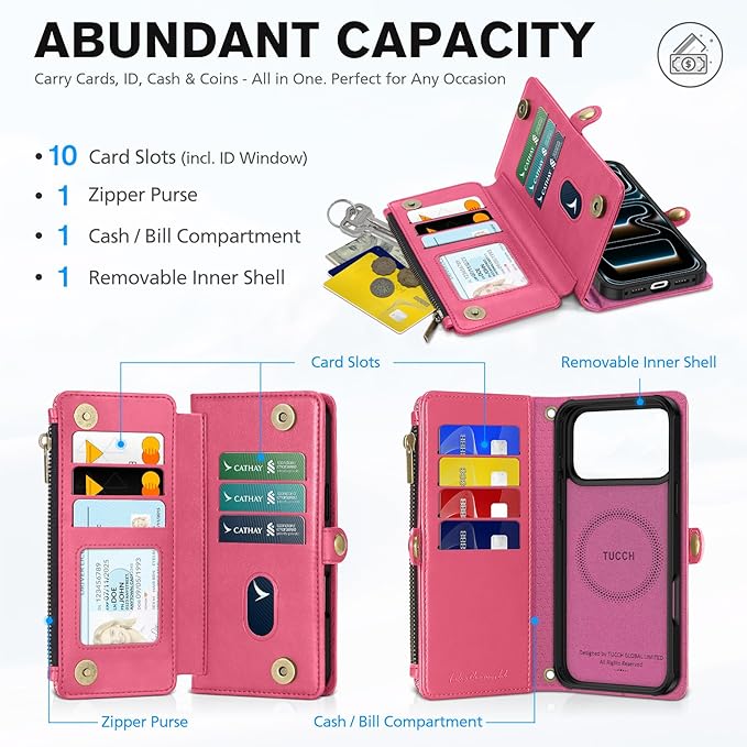 TUCCH Detachable Crossbody Case Wallet for iPhone 17 Pro Max 6.9", Wireless Charging | RFID Blocking 10 Card Holder | Lanyard Wrist Strap | Stand | Zipper Pocket | PU Leather Magnetic Cover | Hot Pink