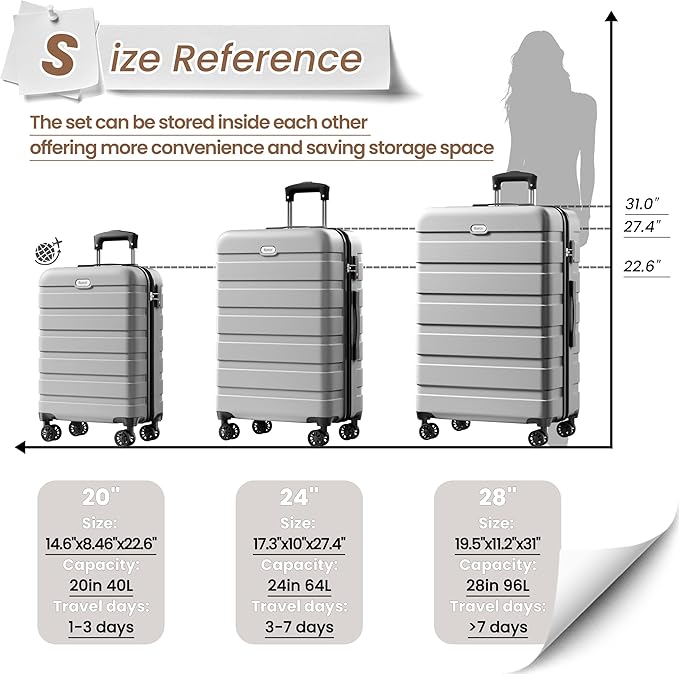 AnyZip Luggage Sets 3 Piece Hardshell Suitcase Set PC ABS Lightweight Travel Suitcases with 4 Double Spinner Wheels TSA Lock 20 24 28 Inch Silver