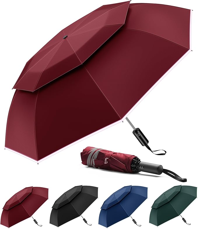 Urvoix Travel Umbrella Compact Windproof - Vented Double Canopy Umbrellas for Rain, Portable Umbrella Inverted Automatic Open Close with Reflective Strip