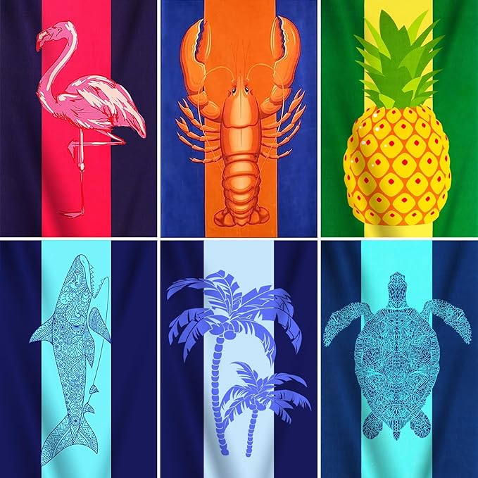 6 Packs Oversized Terry Beach Towel Set 36 x 72 Soft Thin Extra Large Big Pool Swim Camping Bulk Towels Blanket Clearance XL Travel Adult Essentials Accessories Must Haves Vacation Flamingo Lobster
