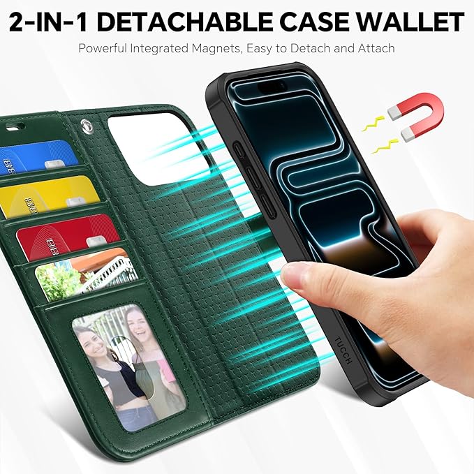 TUCCH Detachable Case Wallet for iPhone 17 Pro Max (6.9") 2025, Removable Wrist Strap, Wireless Charging, Stand, 4 Card Slots RFID Blocking, 2-in-1 Magnetic, PU Leather Shockproof Cover, Evergreen