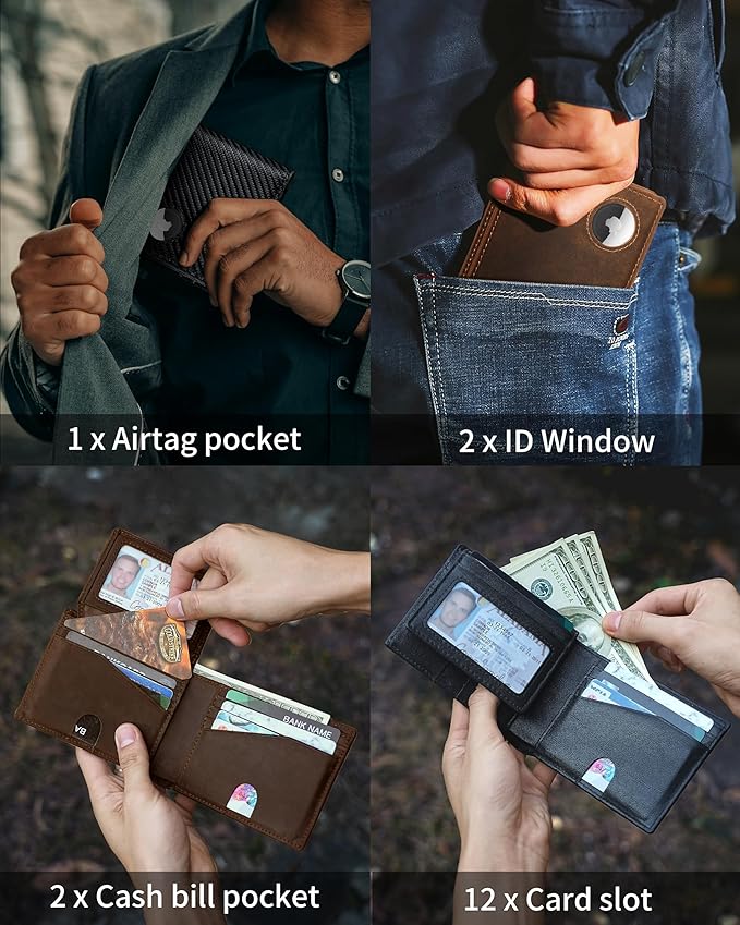 Mens Wallet With AirTag Holder, Bifold Leather RFID Blocking 1-2 ID Windows 12-13 Card Holders, Gift Box and Screen Protector Included, AirTag Not Included
