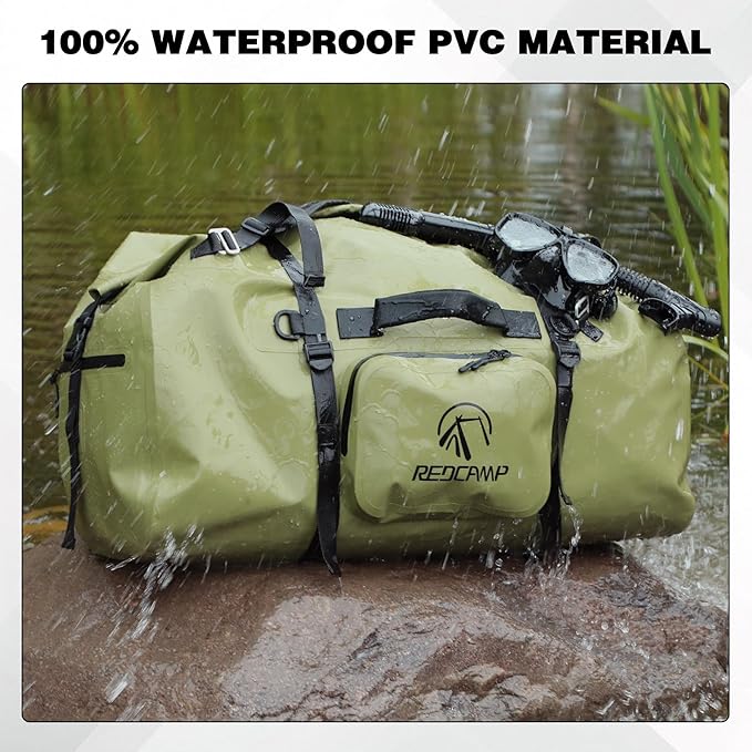 REDCAMP 80L Large Waterproof Duffel Bag, Rolltop Dry Backpack Duffle Bags with Quick-fixed Straps for Camping Motorcycle Boating Rafting Kayaking Paddle boarding, 80L Army Green
