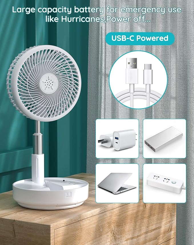 Primevolve Portable Oscillating Standing Fan,Rechargeable Battery Operated USB Floor Table Desk Fan with Remote, Bedroom Camping Travel Fans White 7.7"