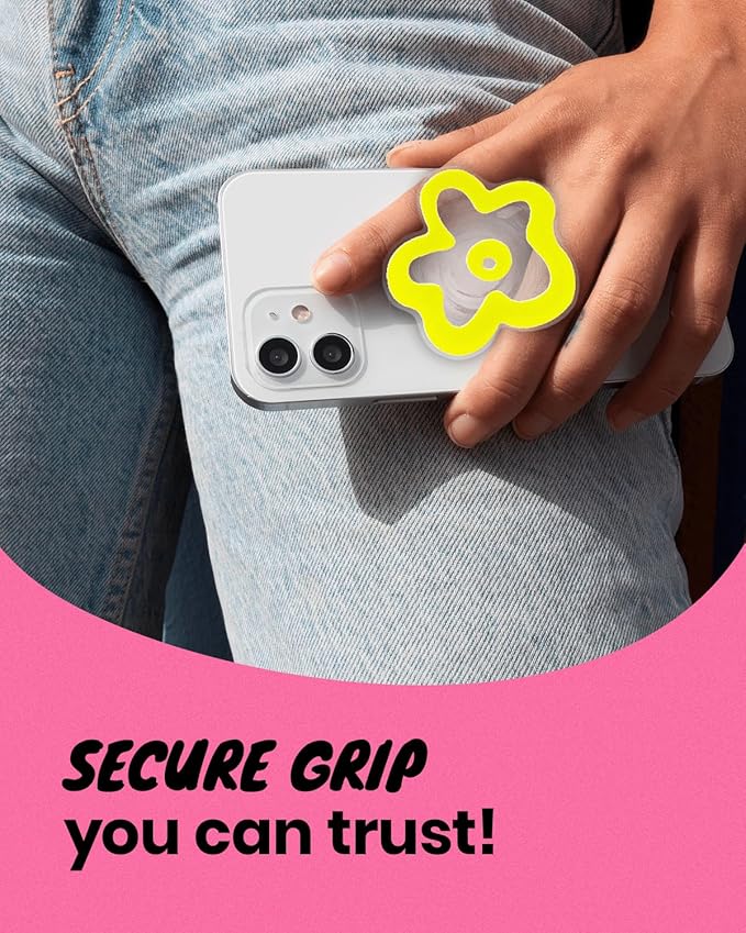 OnTheGrip Cute Transparent Daisy Flower Shape Design Mobile Phone Grip Multi Functional Collapsible Stand Holder for Smartphone Tablet Cell Phone Accessory (Yellow)