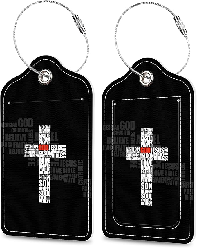 Luggage Tags for Suitcase Cross of Christian Words 2 PCS Leather Travel Cruise Luggage Tag with Stainless Steel Loop Name ID Label Privacy Cover for Women Men Travel Bag Labels Set