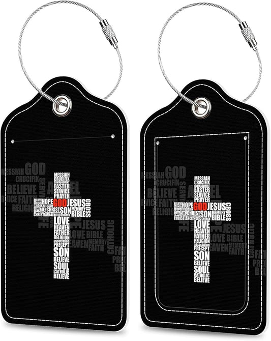 Luggage Tags for Suitcase Cross of Christian Words 2 PCS Leather Travel Cruise Luggage Tag with Stainless Steel Loop Name ID Label Privacy Cover for Women Men Travel Bag Labels Set