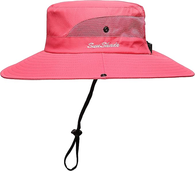 Womens Summer Sun Hat Beach Hat Wide Brim Outdoor UV Protection Hat Foldable Cool Mesh Ponytail Bucket Hat