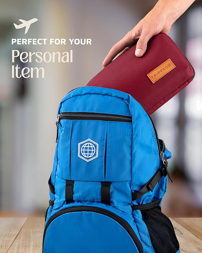 Tech Bag Organizer - Small Electronics Organizer Pouch for Travel - Premium Travel Case with Leather Accents - Mesh Pocket for Cables, Cords and Chargers (Red)