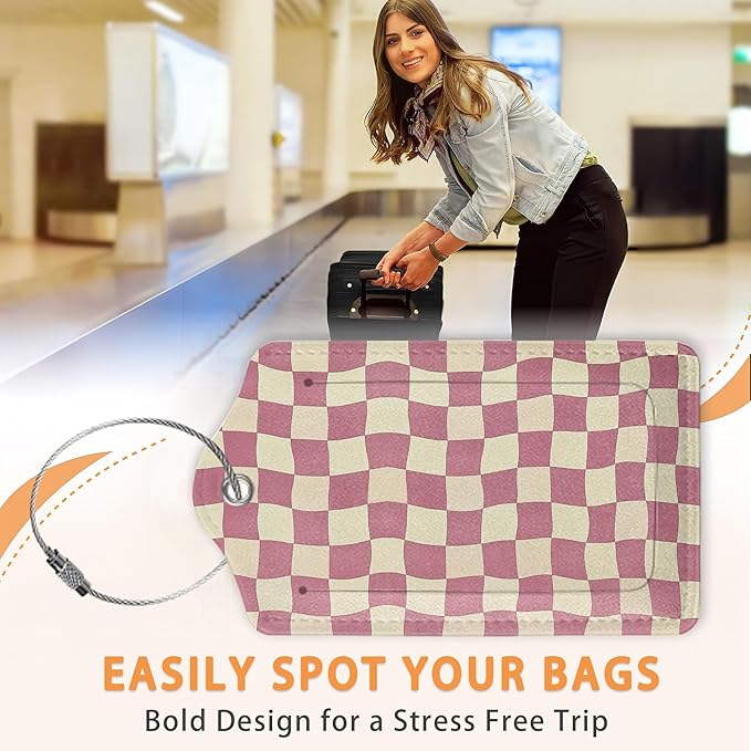 Abstract Colorful Twisted Checkered PU Leather Luggage Tags for Suitcase, Travel Cruise 3 Pack with Privacy Flap, Name ID Label and Metal Loop for Women Men Girls Baggage Bag Backpack
