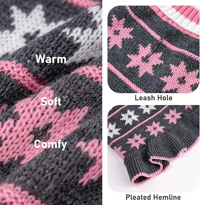 KYEESE Dog Sweater Warm Dogs Clothes Fall Winter Pet Coats Dog Sweater Dress with Classic Snowflake Pattern for Small Dogs Turtleneck Pullover Knit for Girl Pet Sweater with Leash Hole, Grey, Medium