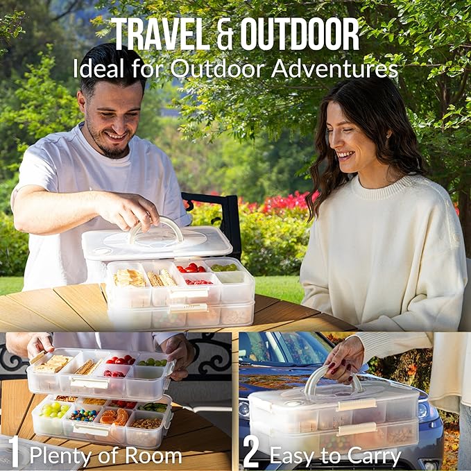 Snap and Stow Dishwasher Safe, Stackable,Snackle Box, Divided Snack Box Bowls, Charcuterie Tray with Lid, Veggie Containers with Lids, Reusable BPA Free Plastic (Transparent) (1 Tier 8 Compartments)