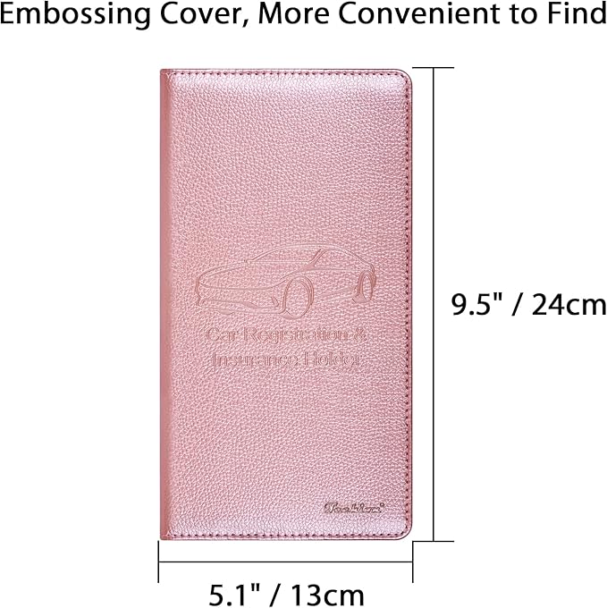 Car Insurance and Registration Holder, 9.5 x 5 Inch PU Leather Vehicle Glove Box Organizer Wallet Case for Insurance Card, Driver License, Paperwork - Rose Gold