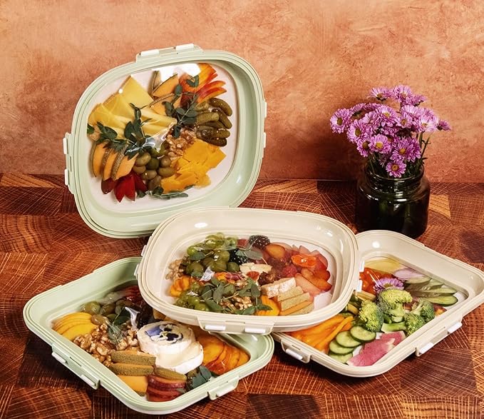 Crudités | Portable Snack Tray | Square 4-Pack | Cream White | Reversible Stretch Lid Food Containers | BPA-Free, Freezer & Dishwasher Safe | Meal-Prep, Charcuterie, Salads, Picnic, Travel