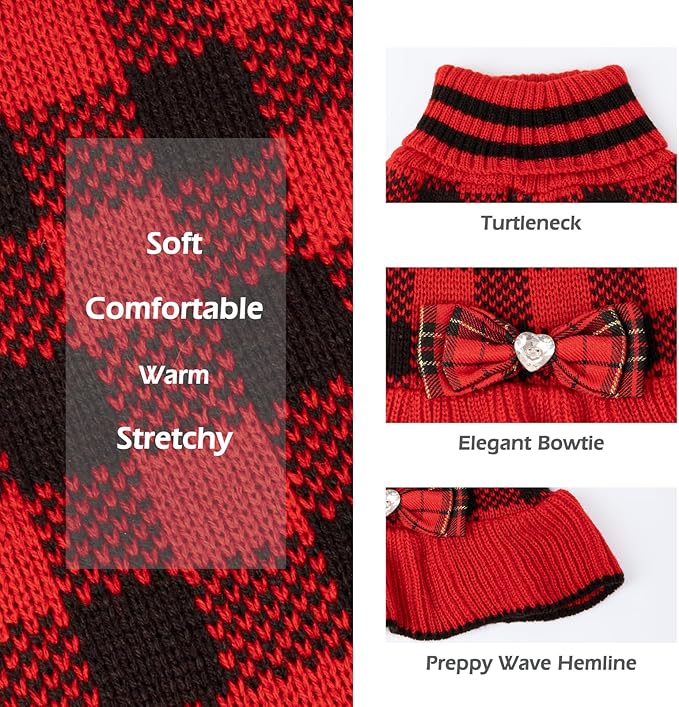 KYEESE Dog Christmas Sweater Dress with Bowtie Checkered, Turtleneck Dog Sweater for Small Dogs Girl with Leash Hole, Holiday Warm Pet Sweaters Dress, Red, Large