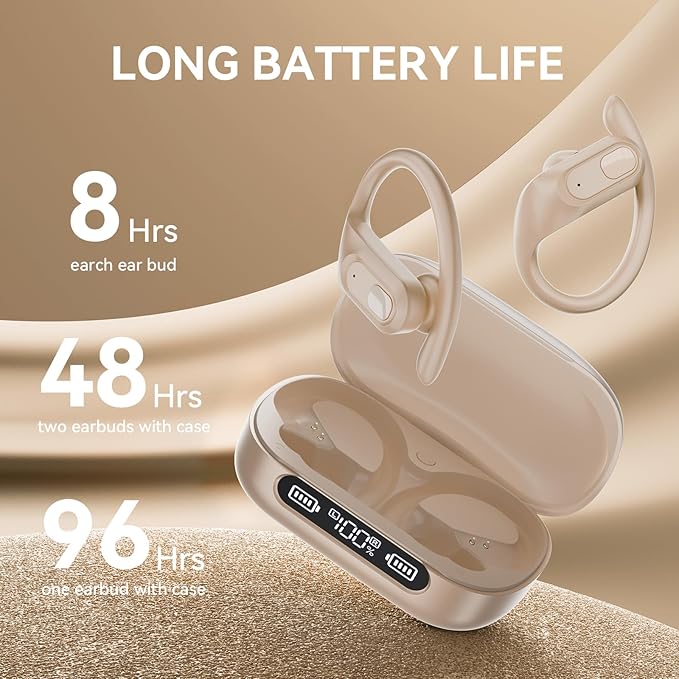 occiam Active Noise Cancelling Wireless Earbuds Bluetooth Headphones Ear Buds 96Hrs Playback Clear Call Waterproof Earphones with Ear Hook Microphones for Sport Running (Off-White Standard)