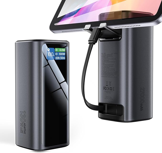 Laptop Power Bank, 130W Portable Charger with Dual Ports & Built-in Retractable Cable, 27000mAh Portable Power Bank with Smart Digital Display, for iPhone 17/16/15 Pro/Pro Max Series, MacBook, Android