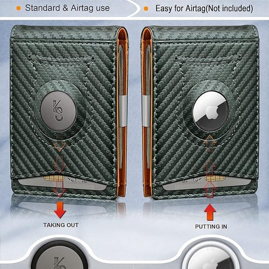 KS Mens Wallet Gift Airtag or Standard Use,Slim Front Pocket Leather Wallet Money Clip 11 cards RFID Blocking
