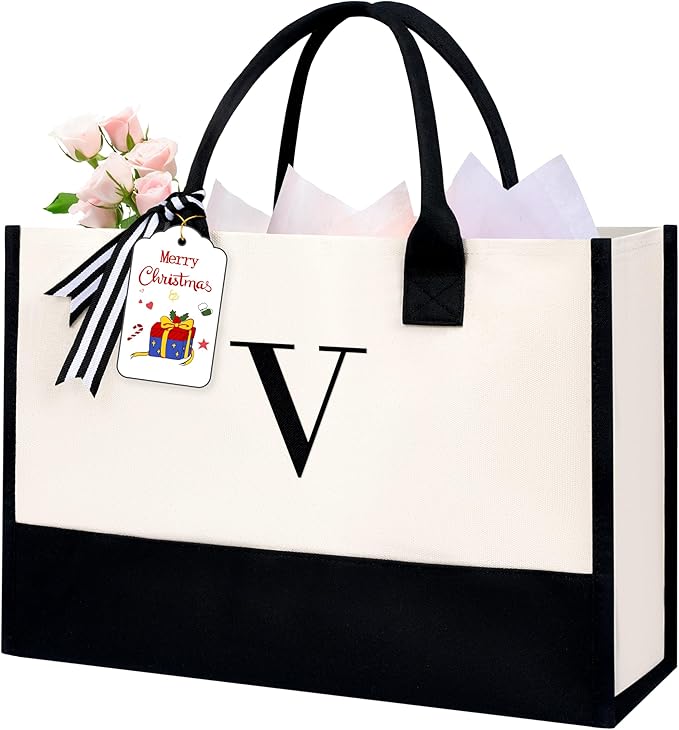 BAGAIL Initial Tote Bag, Personalized Birthday Gifts for Women, Teacher, Friends, Mom, Wedding, Monogrammed Beach Bag