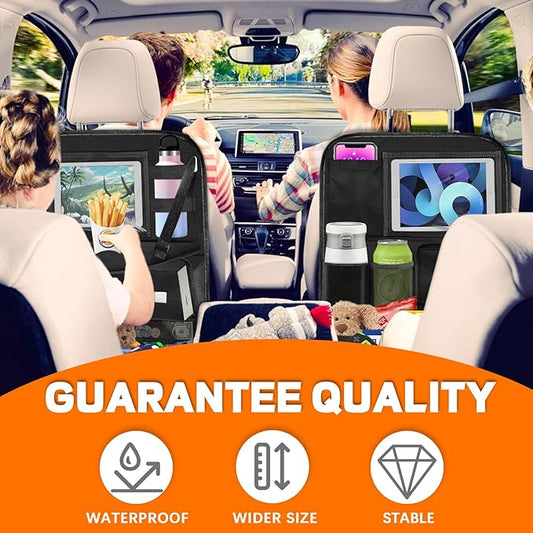 Backseat Car Organizer with Table Tray,12 Pockets Storage Organizer with Tablet Holder,Car Seat Organizer with Car Tissue Holder,Kick Mats Protector For Kids,Travel Accessories(1-Pack)