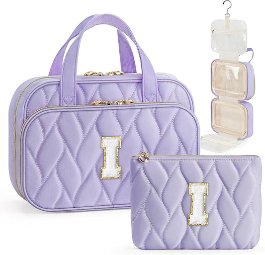 YOOLIFE Initial Toiletry Bag Travel Makeup Bag for Women - Hanging Toiletry Bag, Personalized Birthday Gifts for Women, Vacation Airplane Essentials Purple - I