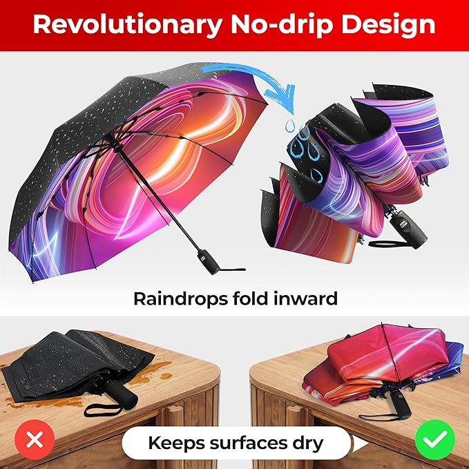 TUMELLA Flip-proof Inverted Travel Umbrella, Small Strong but Light Portable and Automatic Reverse Folding Rain Umbrella, Durable Premium Grip, Fits Car & Backpack