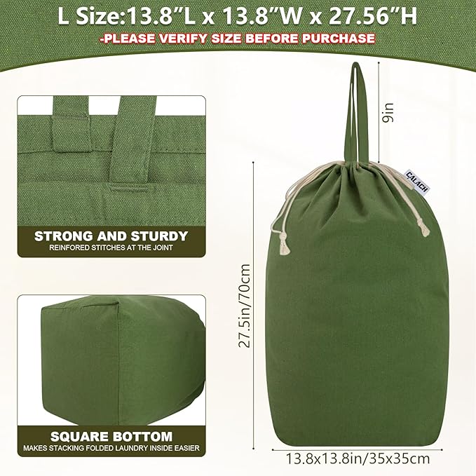 Canvas Laundry Bags with Handles & Square Base13.8"x 13.8", Large Heavy Duty Laundry Basket Hamper Liner, College Dorm Washable Drawstring Cotton Dirty Clothes Bag (Army Green)