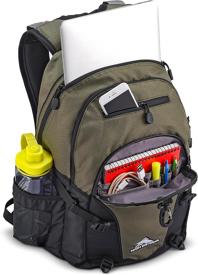 High Sierra Loop-Backpack, Travel, or Work Bookbag with tablet-sleeve, Olive, One Size