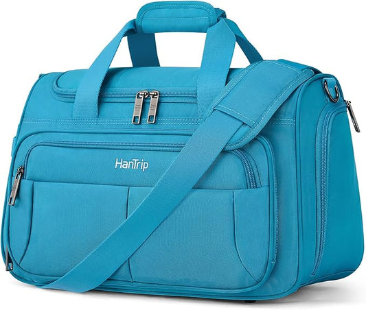 HanTrip Carry on Duffel Bag Foldable Duffle Bags for Travel, Under Seat Personal Item Bags for Airplanes, Weekender Overnight Mens Travel Tote Bag for Women Softside Carry on Luggage (Caribbean Blue)