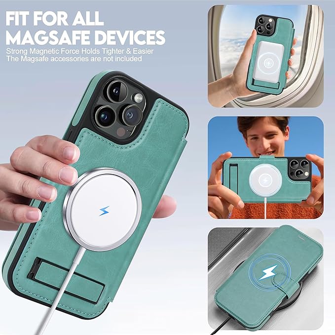 CIVICASE for iPhone 15 Pro Max Wallet Case with Stand,PU Leather Flip Credit Card Holder Slots (RFID Blocking),Compatible with Magsafe Magnetic Holder Phone Cover Women Men,Green