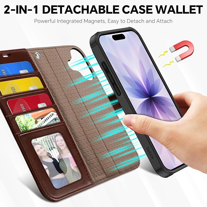 TUCCH 2-in-1 Detachable Wallet Case for iPhone 17 (6.3-inch) 2025, Wireless Charging | RFID Blocking 4 Card Holders | Wrist Strap | Kickstand | Magnetic | PU Leather Folio Cover | Chocolate Brown