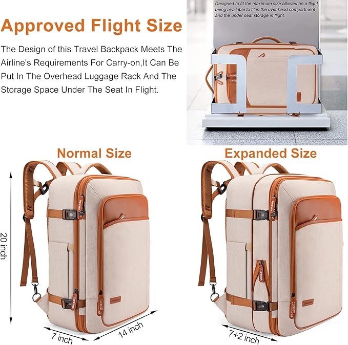 Lumesner Carry on Travel Backpacks, Extra Large 40L Flight Approved for Men & Women,Expandable Suitcase backpack (Beige (Backpack With 4 Packing Cubes))