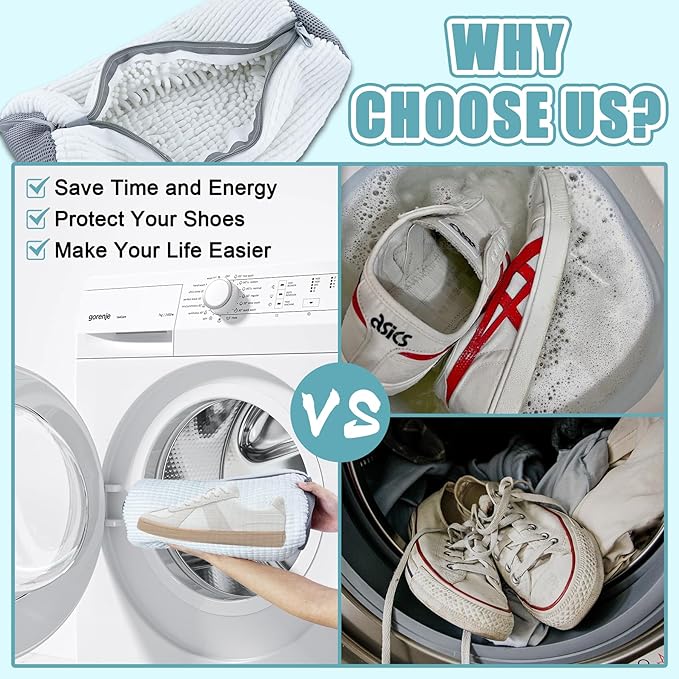 XXL Shoe Washing Machine Bag - 2-Pack Reusable Shoes Cleaning Bags, 360° Deep Clean for Tennis Shoes, Sneakers and Slippers, Includes 2 Shoe Storage Dust Bags (White)