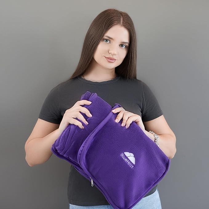 BlueHills Travel Blanket Pillow Premium Soft Plush for Airplane Travel Size Blanket Throw Long Flight Essentials in Compact Bag Plane Portable Lightweight Purple T021