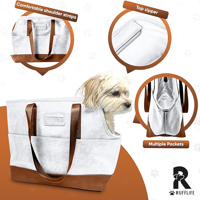 Faux Leather Dog Carrier for Small Dogs, Water-Resistant Designer Dog Purse with Safety Harness, Fashion Pet Carrier for Dogs 5-15 lbs, Luxury Dog Shoulder Carrier, White