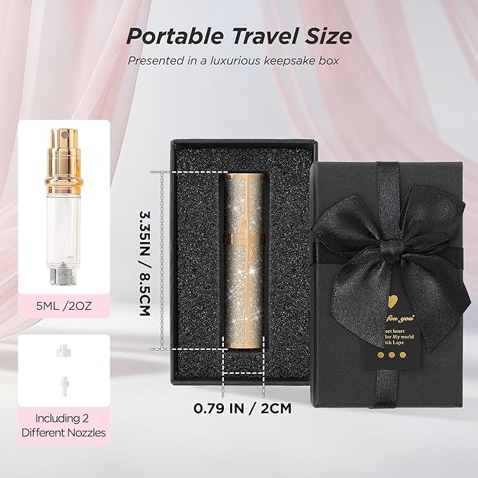 Travel Perfume Bottle Refillable, Sparkle Perfume Atomizer Leak-Proof Portable 5ML Mini Empty Atomizer Sprayer Bottle for Traveling and Outgoing (Golden, 5ML)