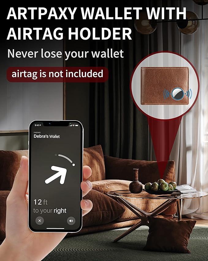 Mens Wallet With AirTag Holder, Bifold Leather RFID Blocking 1-2 ID Windows 12-13 Card Holders, Gift Box and Screen Protector Included, AirTag Not Included