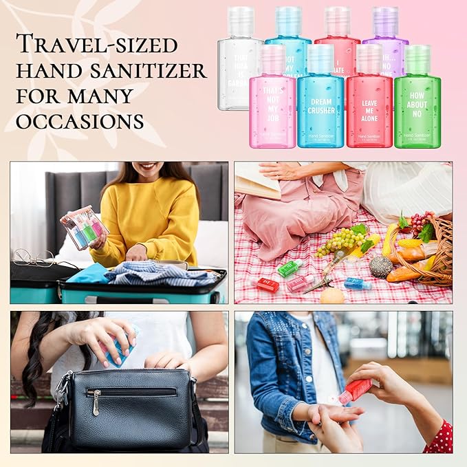 Frienda 24 Pcs Funny Hand Sanitizers with Sarcastic Sayings Mini Travel Size Pocket Hand Sanitizers Berry Peach 1 oz Gag Work Gifts for Christmas Stocking Stuffers Teacher Employee Appreciation Gifts