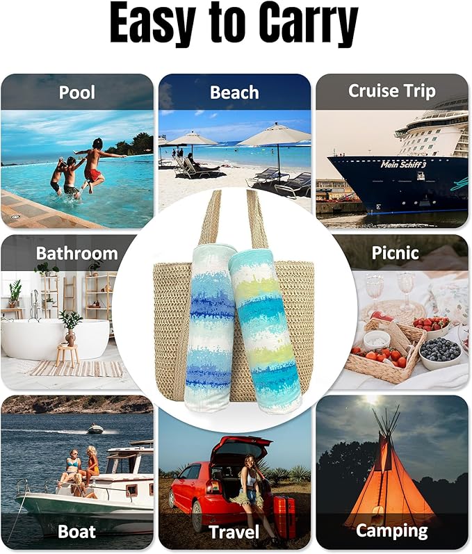 cabanana Large Beach Towel Oversized - Cotton Velour 35 x 70 Inch Coast Waves Camo Striped Terry Pool Towel, Cabana Soft Swimming Towel for Adults Women Men (Teal Blue)