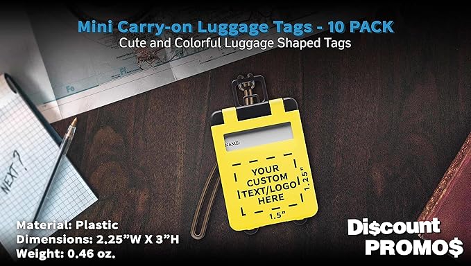 10 Mini Carry-on Luggage Tags Pack - Customizable Text, Logo - Flip Open Cover, ID Sticker - Yellow