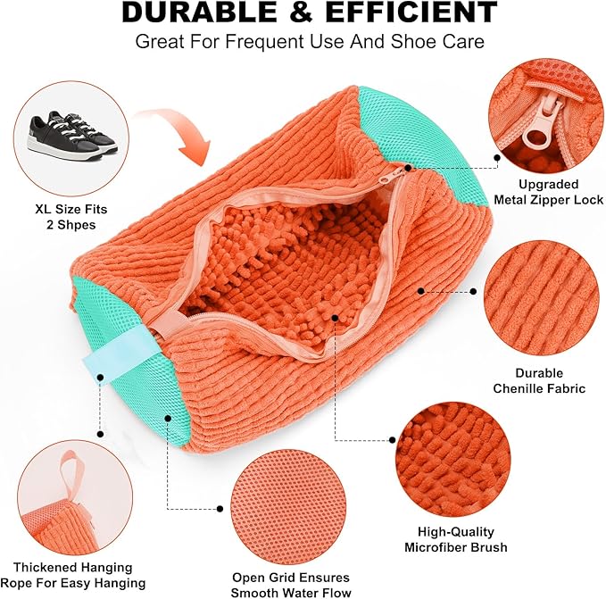 Shoe Washing Machine Bag - Laundry Shoe Bag (2-Pack) Includes 3 Laundry Bags, Reusable, Washer & Dryer Safe, 360° Deep Cleaning for All Shoe Types, Self-Locking Zipper(Orange)