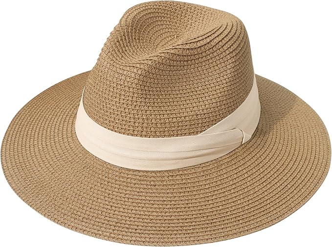 Lanzom Women Wide Brim Straw Panama Roll up Hat Fedora Beach Sun Hat UPF50+