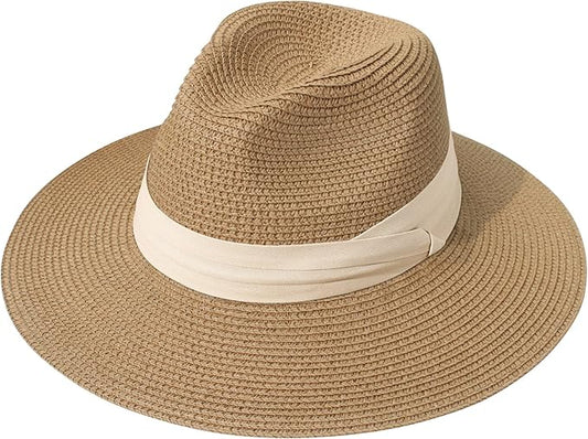 Lanzom Women Wide Brim Straw Panama Roll up Hat Fedora Beach Sun Hat UPF50+